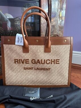 Saint Laurent Brown Leather Rive Gauche raffia tote bag !!